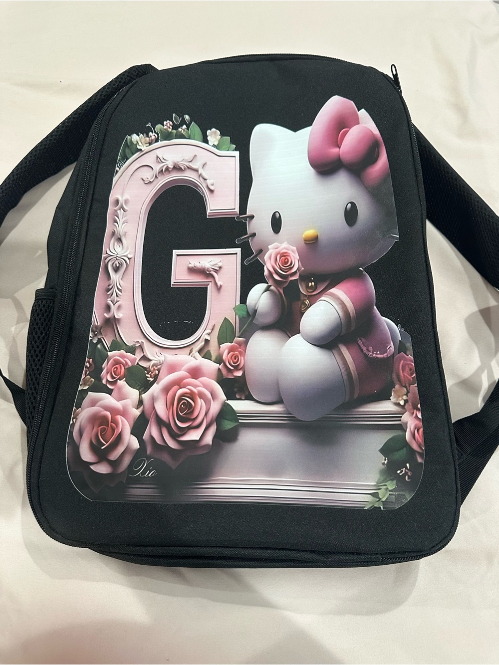 Hello Kitty Black Backpack with Pink Roses and Letter G